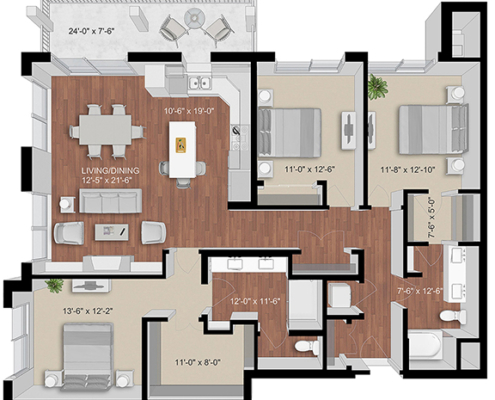 three bedroom apartment floor plan